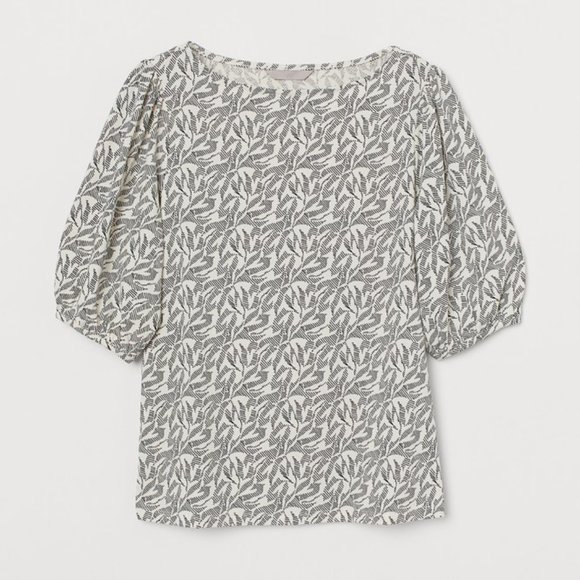 🍒 H&M Puff Sleeved Boat-neck B&W Floral Top Sz XXL - Picture 1 of 11